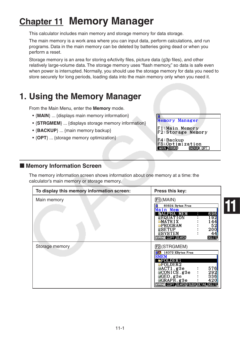 Chapter 11 memory manager, Using the memory manager, Using the memory manager -1 | Chapter 11 | Casio FX-CG10 User Manual | Page 411 / 601