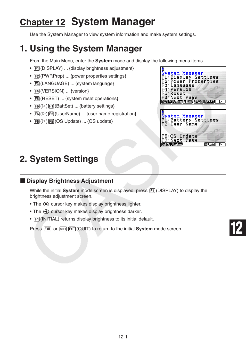 Chapter 12 system manager, Using the system manager, System settings | Using the system manager -1, System, Settings, System manager, Chapter 12 | Casio FX-CG10 User Manual | Page 424 / 601