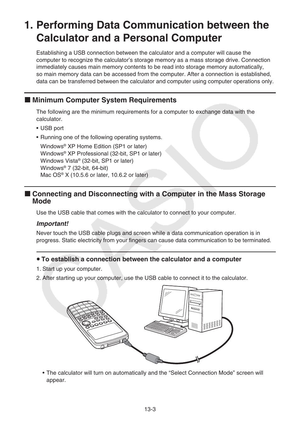 Performing data communication between, The calculator and a personal computer -3, K minimum computer system requirements | Casio FX-CG10 User Manual | Page 434 / 601