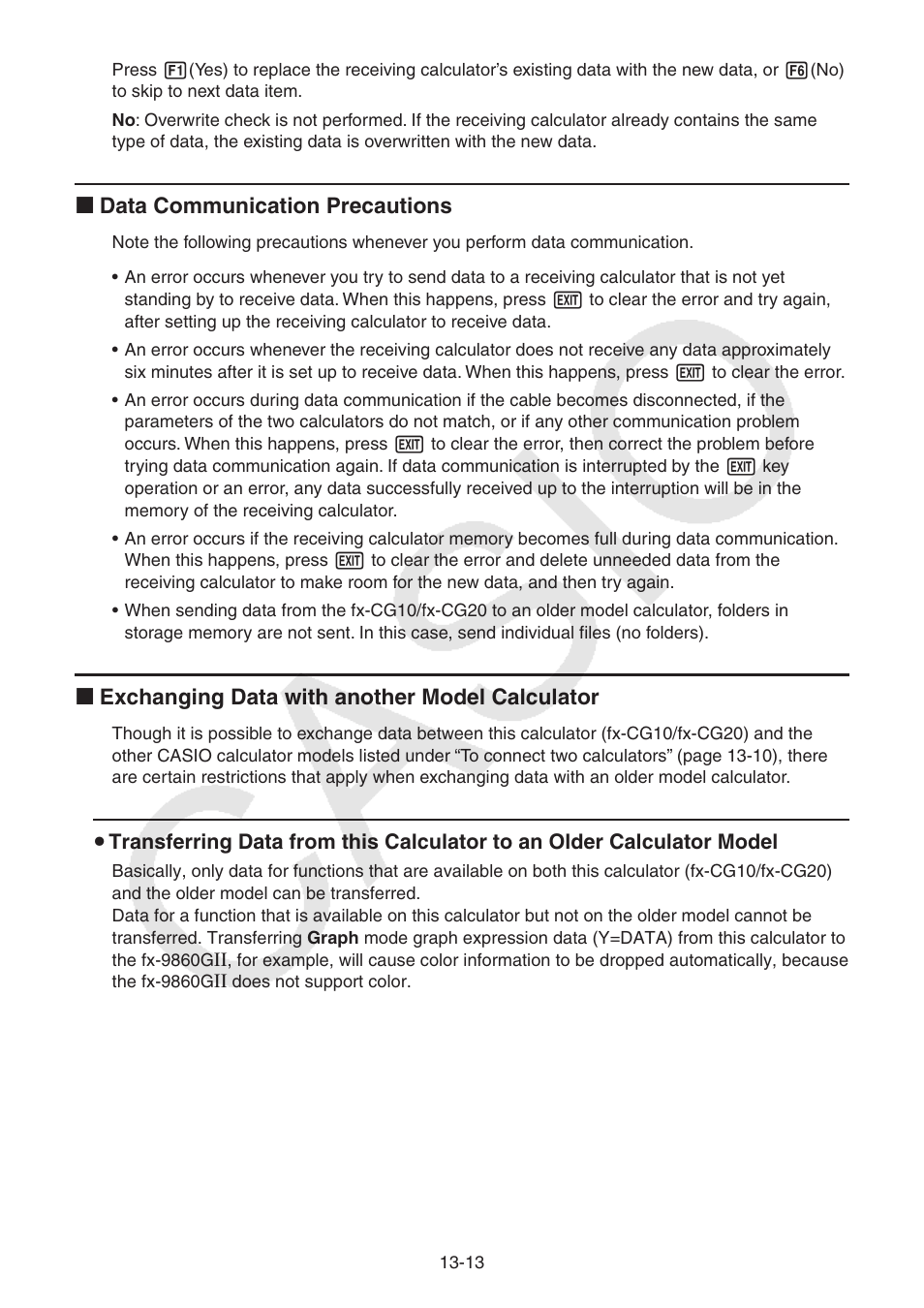 K data communication precautions, K exchanging data with another model calculator | Casio FX-CG10 User Manual | Page 444 / 601