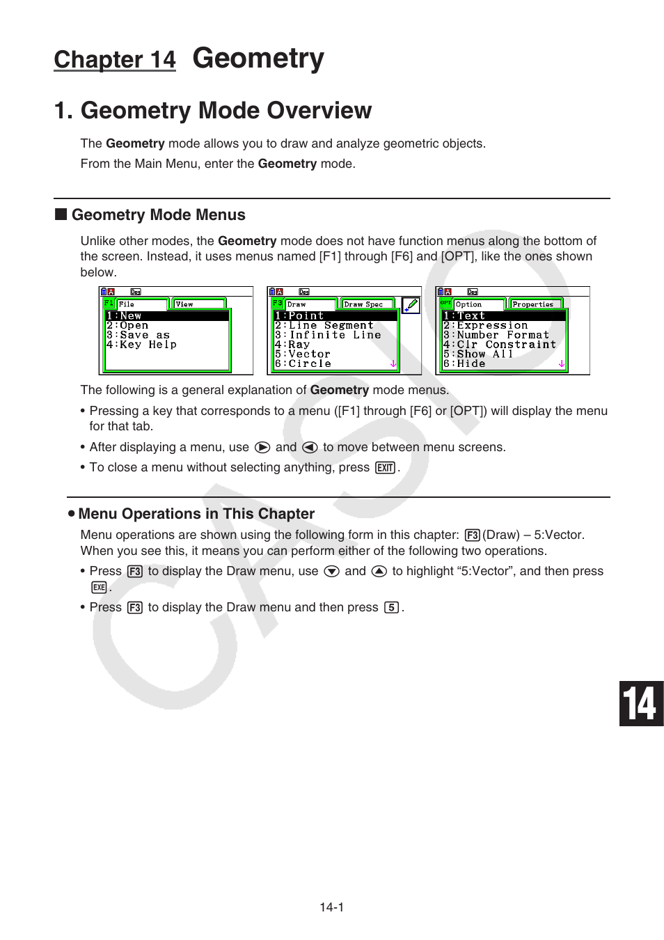 Chapter 14 geometry, Geometry mode overview, Geometry mode overview -1 | Geometry, Chapter 14 | Casio FX-CG10 User Manual | Page 448 / 601