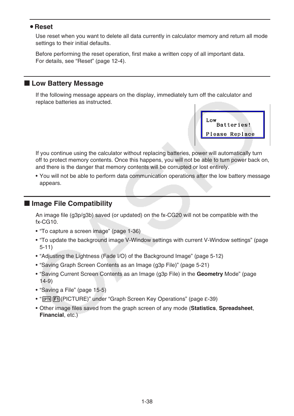 K low battery message, K image file compatibility | Casio FX-CG10 User Manual | Page 45 / 601