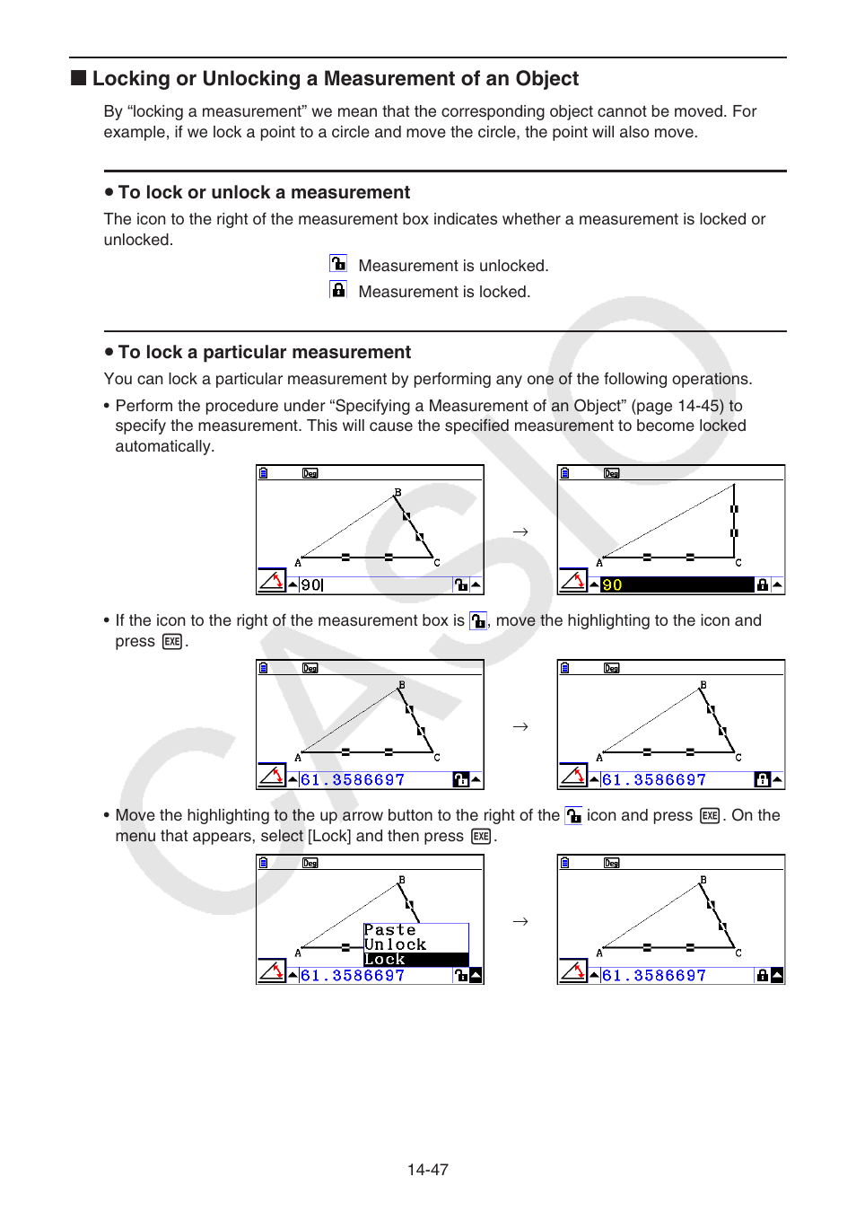 K locking or unlocking a measurement of an object | Casio FX-CG10 User Manual | Page 494 / 601