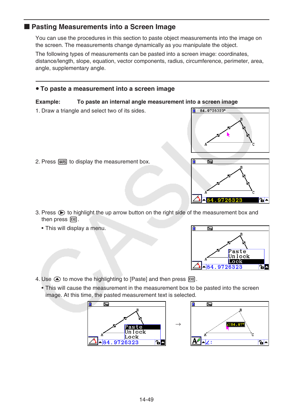 K pasting measurements into a screen image | Casio FX-CG10 User Manual | Page 496 / 601