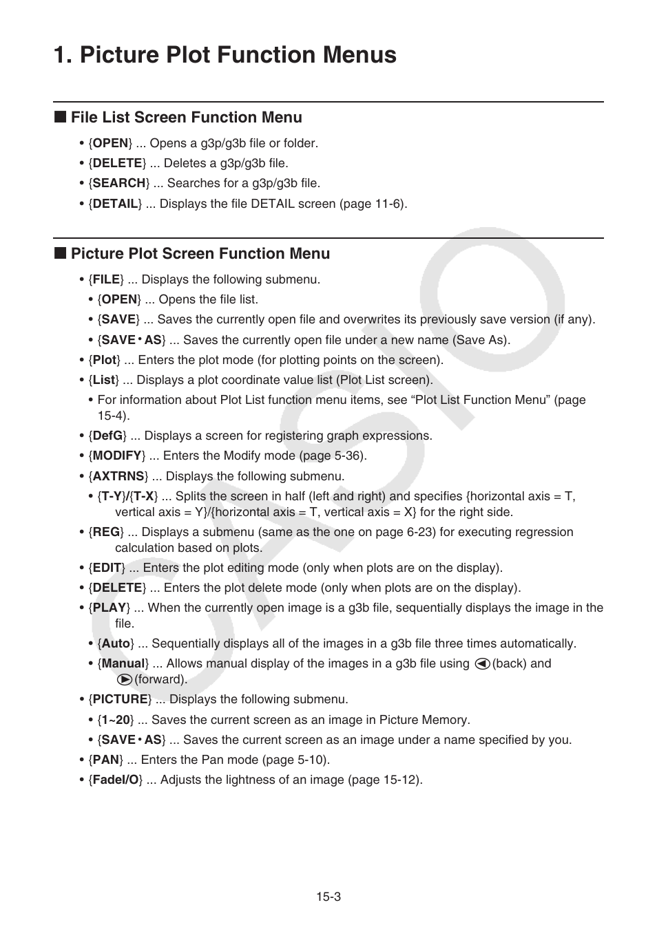 Picture plot function menus, Picture plot function menus -3, K file list screen function menu | K picture plot screen function menu | Casio FX-CG10 User Manual | Page 514 / 601