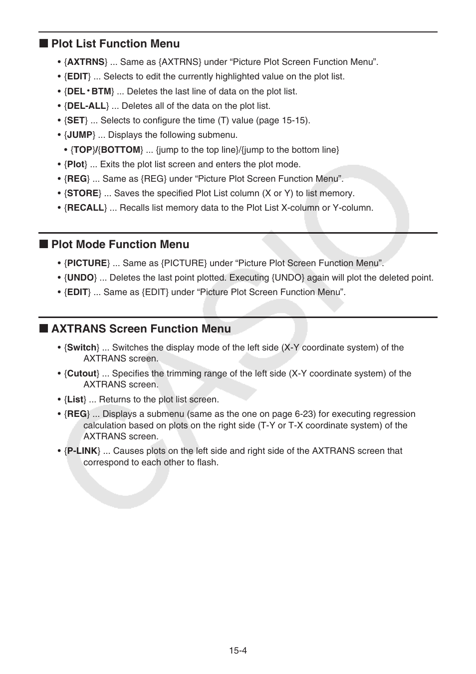 K plot list function menu, K plot mode function menu, K axtrans screen function menu | Casio FX-CG10 User Manual | Page 515 / 601