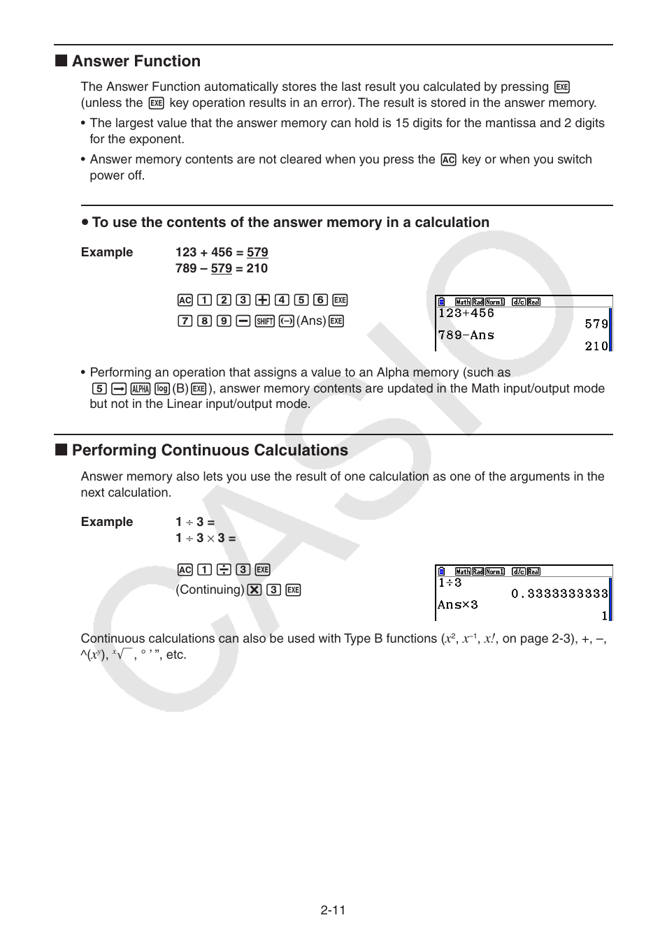 K answer function, K performing continuous calculations | Casio FX-CG10 User Manual | Page 57 / 601