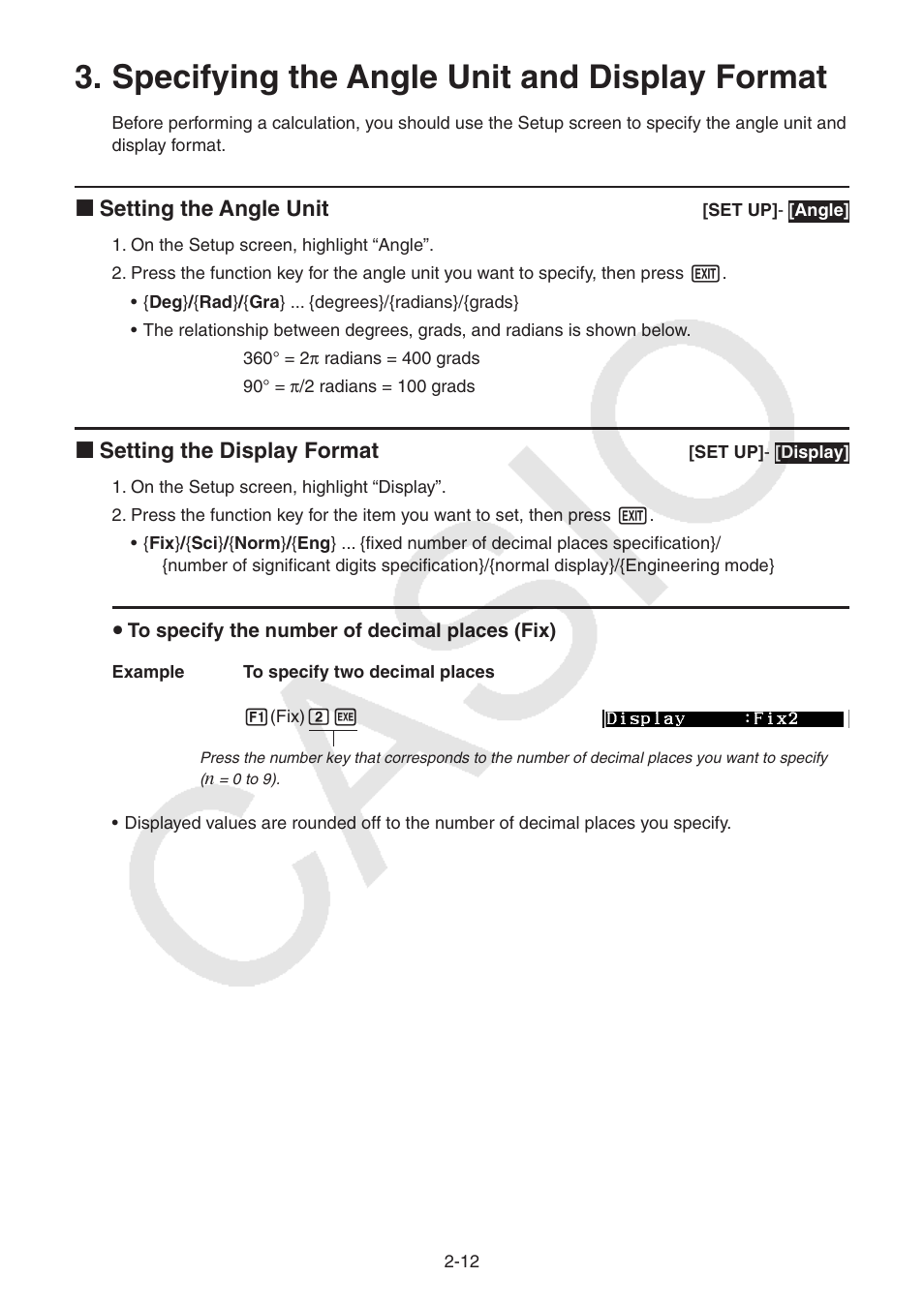 Specifying the angle unit and display format, Specifying the angle unit and display format -12 | Casio FX-CG10 User Manual | Page 58 / 601