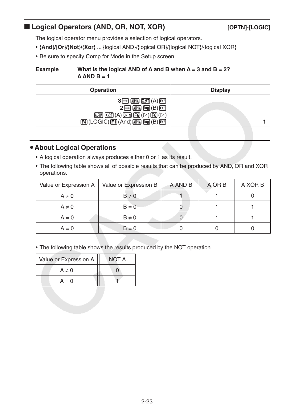 K logical operators (and, or, not, xor) | Casio FX-CG10 User Manual | Page 69 / 601