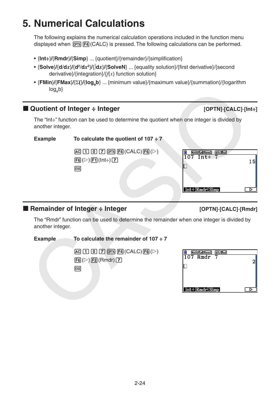 Numerical calculations, Numerical, Calculations | K quotient of integer ÷ integer, K remainder of integer ÷ integer | Casio FX-CG10 User Manual | Page 70 / 601