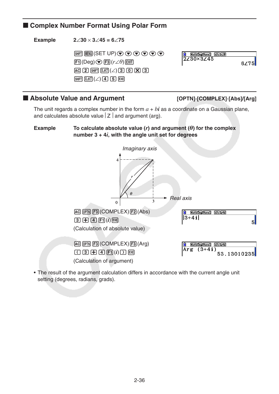 K complex number format using polar form, K absolute value and argument | Casio FX-CG10 User Manual | Page 82 / 601