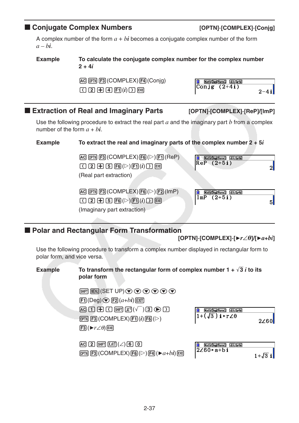 K conjugate complex numbers, K extraction of real and imaginary parts, K polar and rectangular form transformation | Casio FX-CG10 User Manual | Page 83 / 601