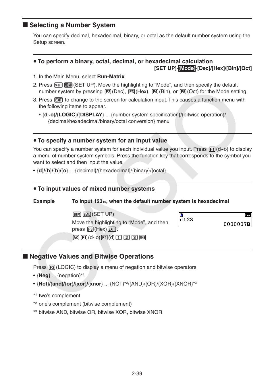 K selecting a number system, K negative values and bitwise operations | Casio FX-CG10 User Manual | Page 85 / 601