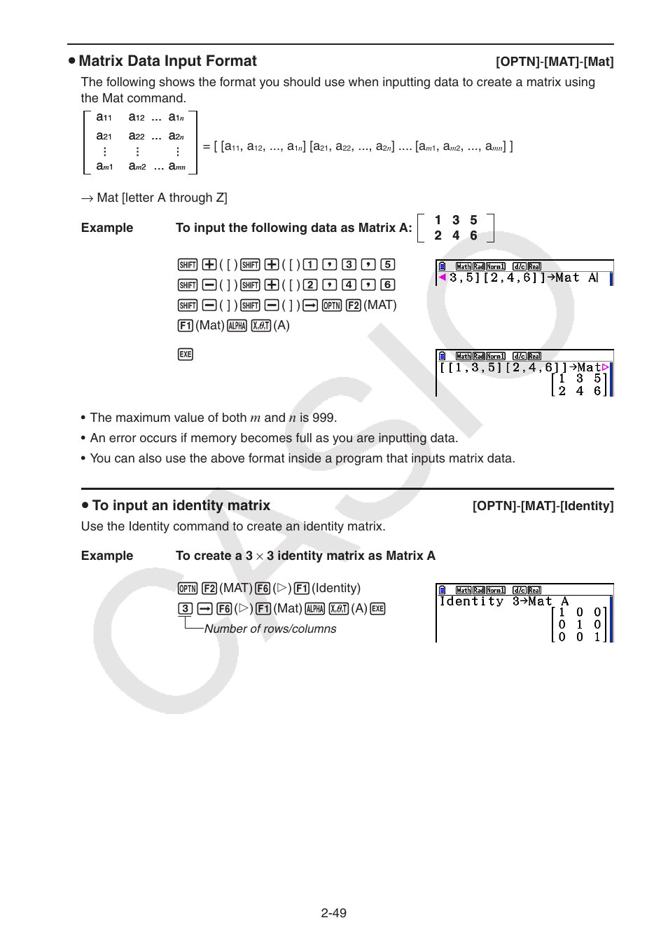 U matrix data input format, U to input an identity matrix | Casio FX-CG10 User Manual | Page 95 / 601