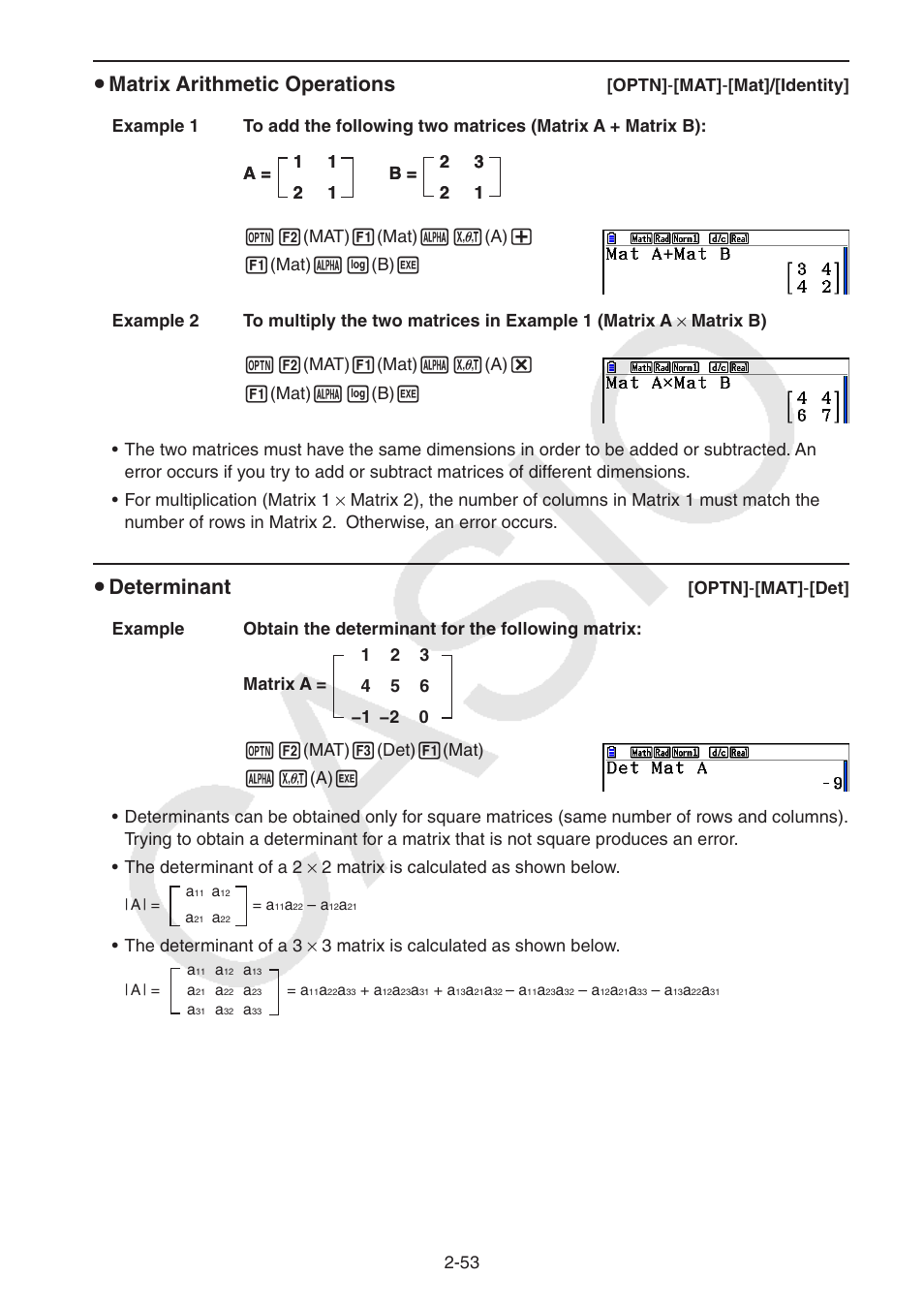 U matrix arithmetic operations, U determinant | Casio FX-CG10 User Manual | Page 99 / 601