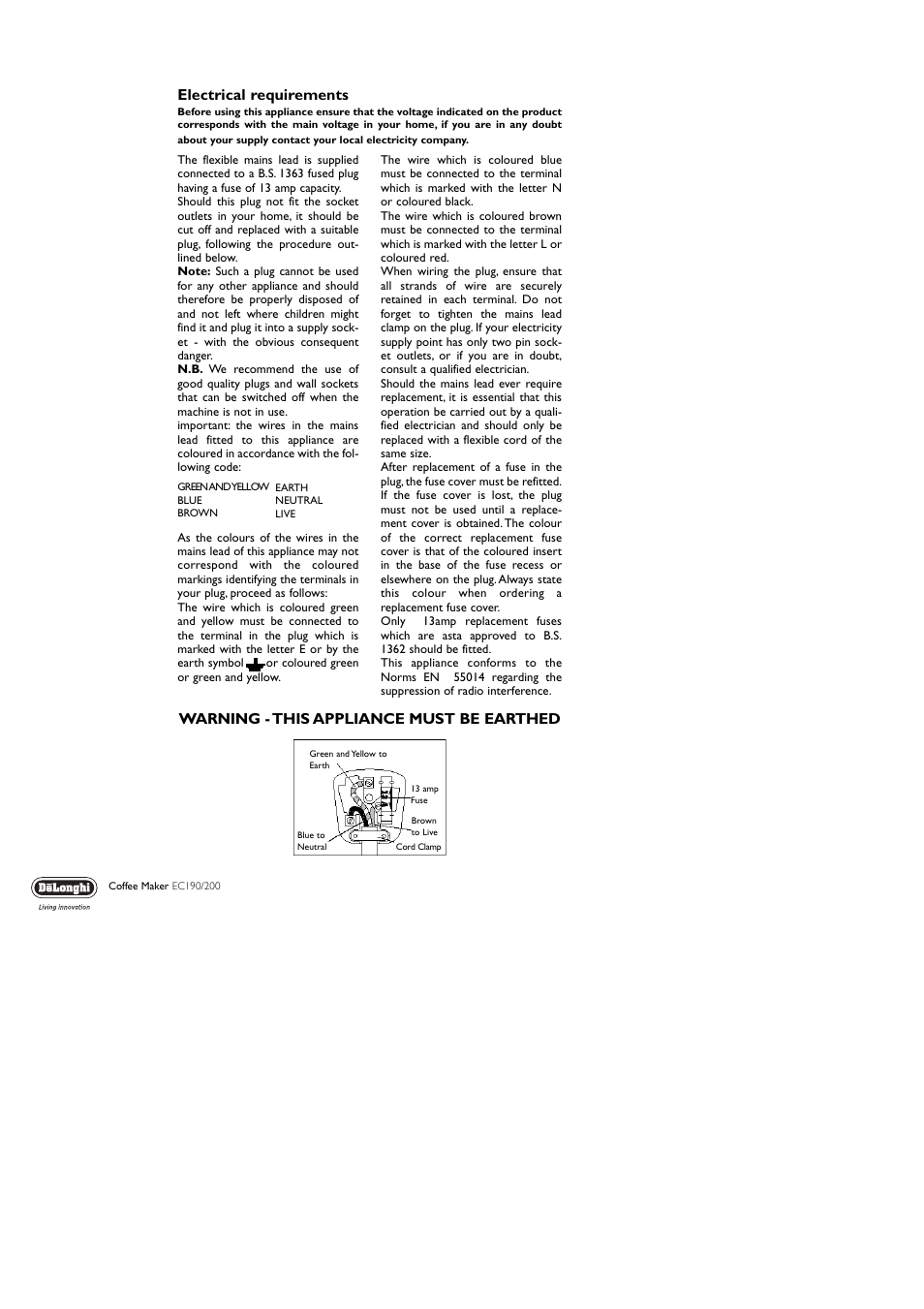 Electrical requirements, Warning - this appliance must be earthed | DeLonghi ICM8/18 User Manual | Page 3 / 8