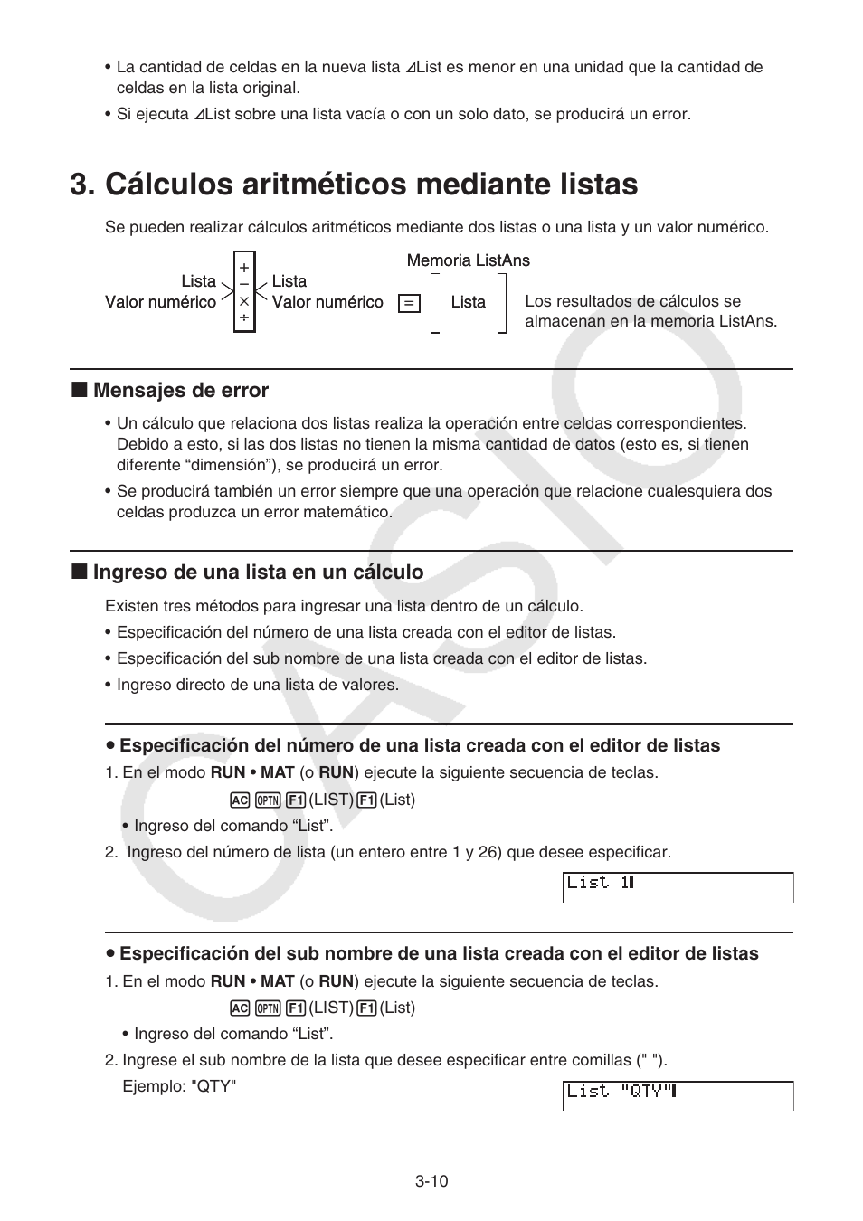 Cálculos aritméticos mediante listas, Cálculos aritméticos mediante listas -10, I mensajes de error | I ingreso de una lista en un cálculo | Casio FX-9750GII User Manual | Page 101 / 411