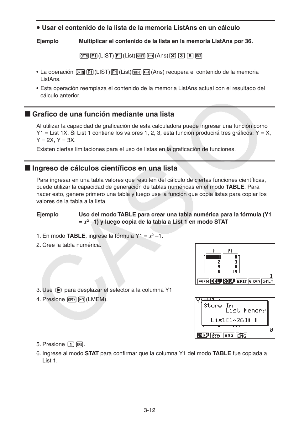 I grafico de una función mediante una lista, I ingreso de cálculos científicos en una lista | Casio FX-9750GII User Manual | Page 103 / 411