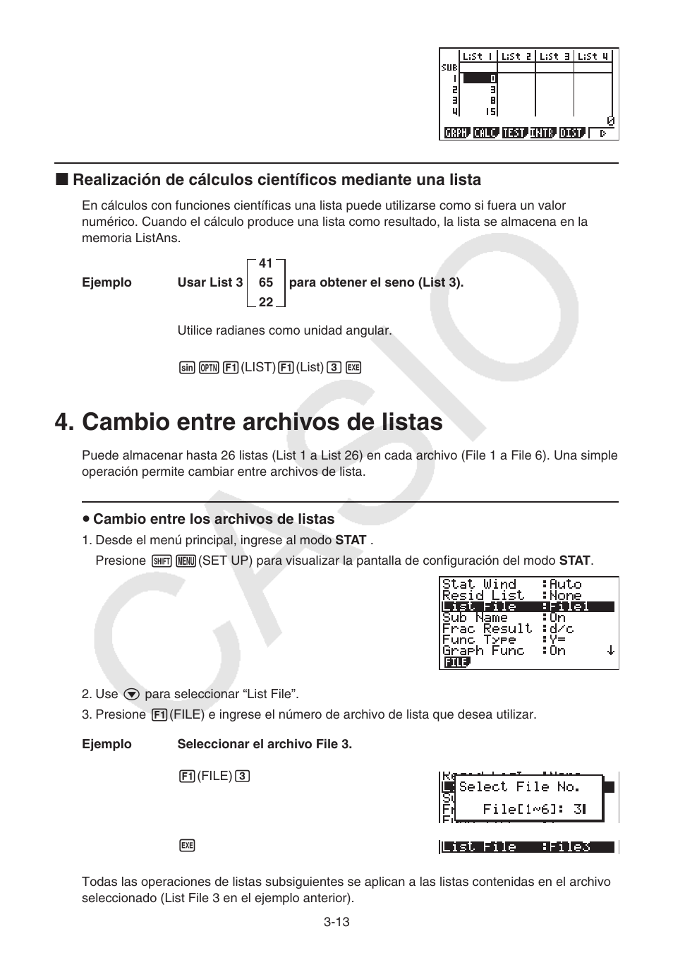 Cambio entre archivos de listas, Cambio entre archivos de listas -13 | Casio FX-9750GII User Manual | Page 104 / 411