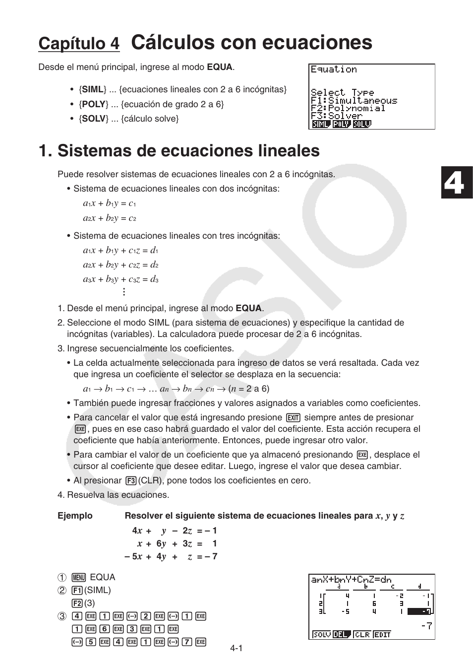 Capítulo 4 cálculos con ecuaciones, Sistemas de ecuaciones lineales, Sistemas de ecuaciones lineales -1 | Cálculos con ecuaciones, Capítulo 4 | Casio FX-9750GII User Manual | Page 105 / 411