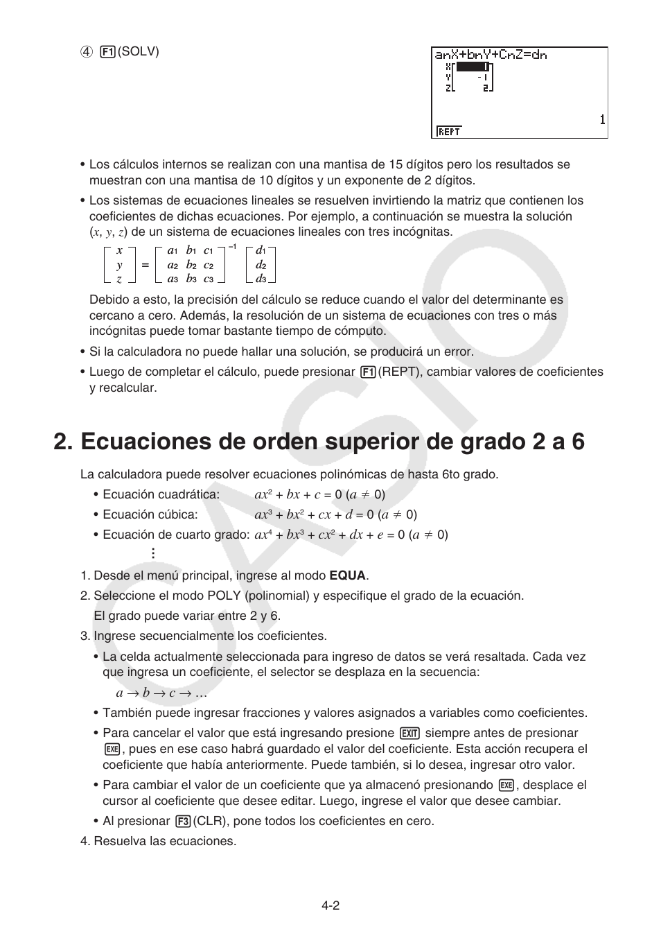 Ecuaciones de orden superior de grado 2 a 6, Ecuaciones de orden superior de grado 2 a 6 -2 | Casio FX-9750GII User Manual | Page 106 / 411