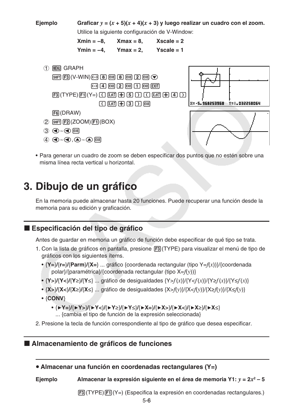 Dibujo de un gráfico, Dibujo de un gráfico -6, I especificación del tipo de gráfico | I almacenamiento de gráficos de funciones | Casio FX-9750GII User Manual | Page 114 / 411