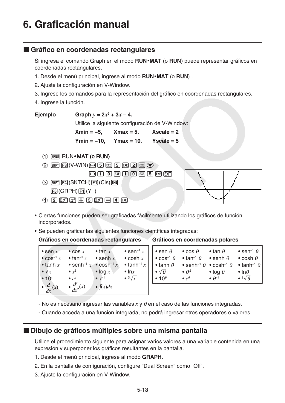 Graficación manual, Graficación, Manual | I gráfico en coordenadas rectangulares | Casio FX-9750GII User Manual | Page 121 / 411