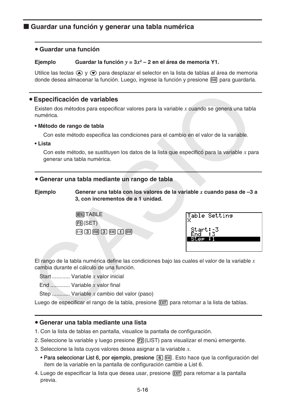 I guardar una función y generar una tabla numérica | Casio FX-9750GII User Manual | Page 124 / 411