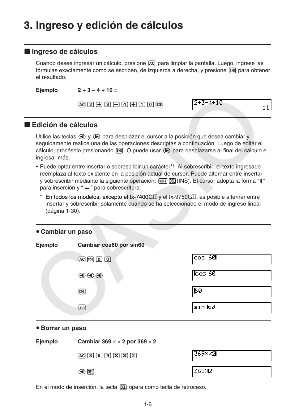 Ingreso y edición de cálculos, Ingreso y edición de cálculos -6, I ingreso de cálculos | I edición de cálculos | Casio FX-9750GII User Manual | Page 13 / 411