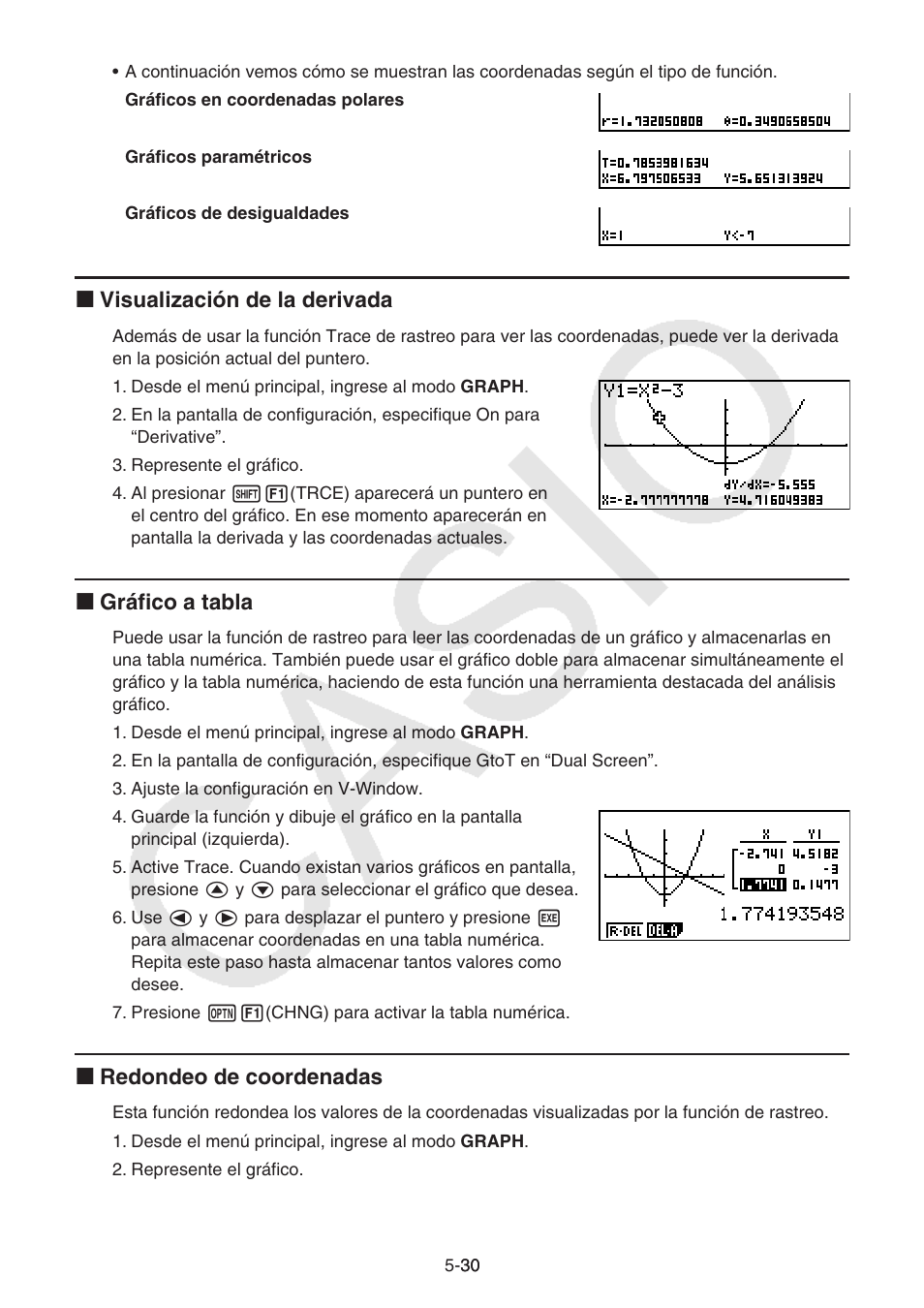 I visualización de la derivada, I gráfico a tabla, I redondeo de coordenadas | Casio FX-9750GII User Manual | Page 138 / 411