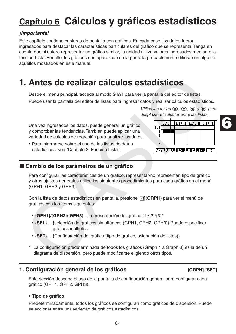 Capítulo 6 cálculos y gráficos estadísticos, Antes de realizar cálculos estadísticos, Antes de realizar cálculos estadísticos -1 | Cálculos y gráficos estadísticos, Capítulo 6 | Casio FX-9750GII User Manual | Page 144 / 411