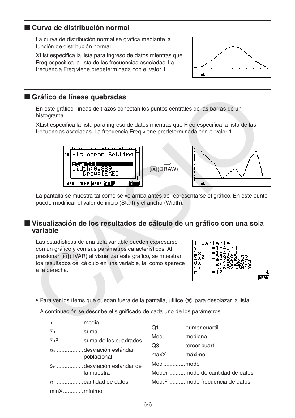 I curva de distribución normal, I gráfico de líneas quebradas | Casio FX-9750GII User Manual | Page 149 / 411