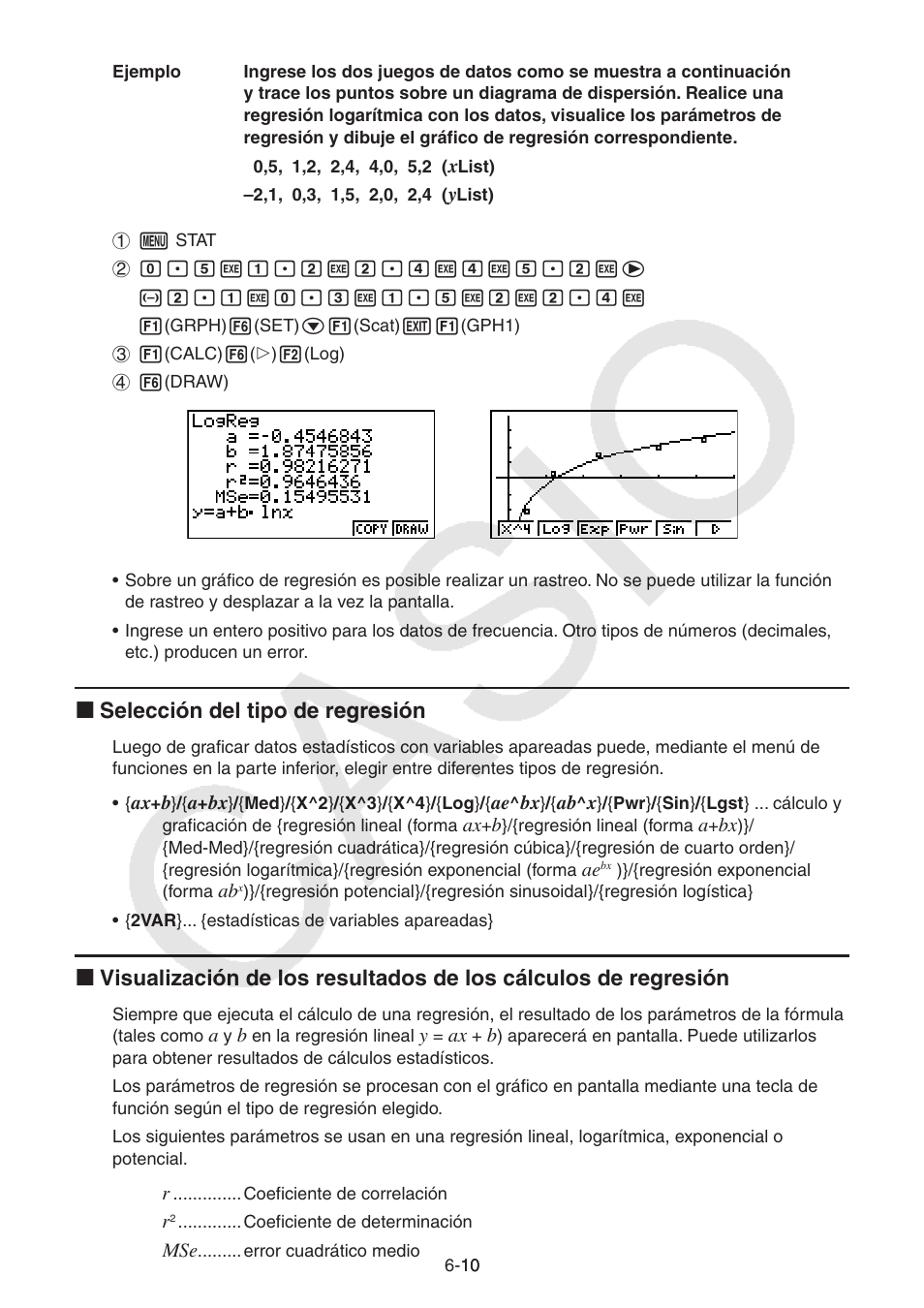 I selección del tipo de regresión | Casio FX-9750GII User Manual | Page 153 / 411