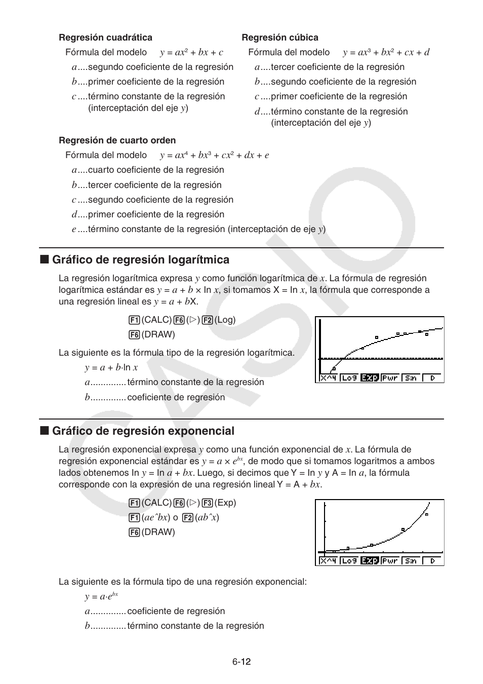 I gráfico de regresión logarítmica, I gráfico de regresión exponencial | Casio FX-9750GII User Manual | Page 155 / 411