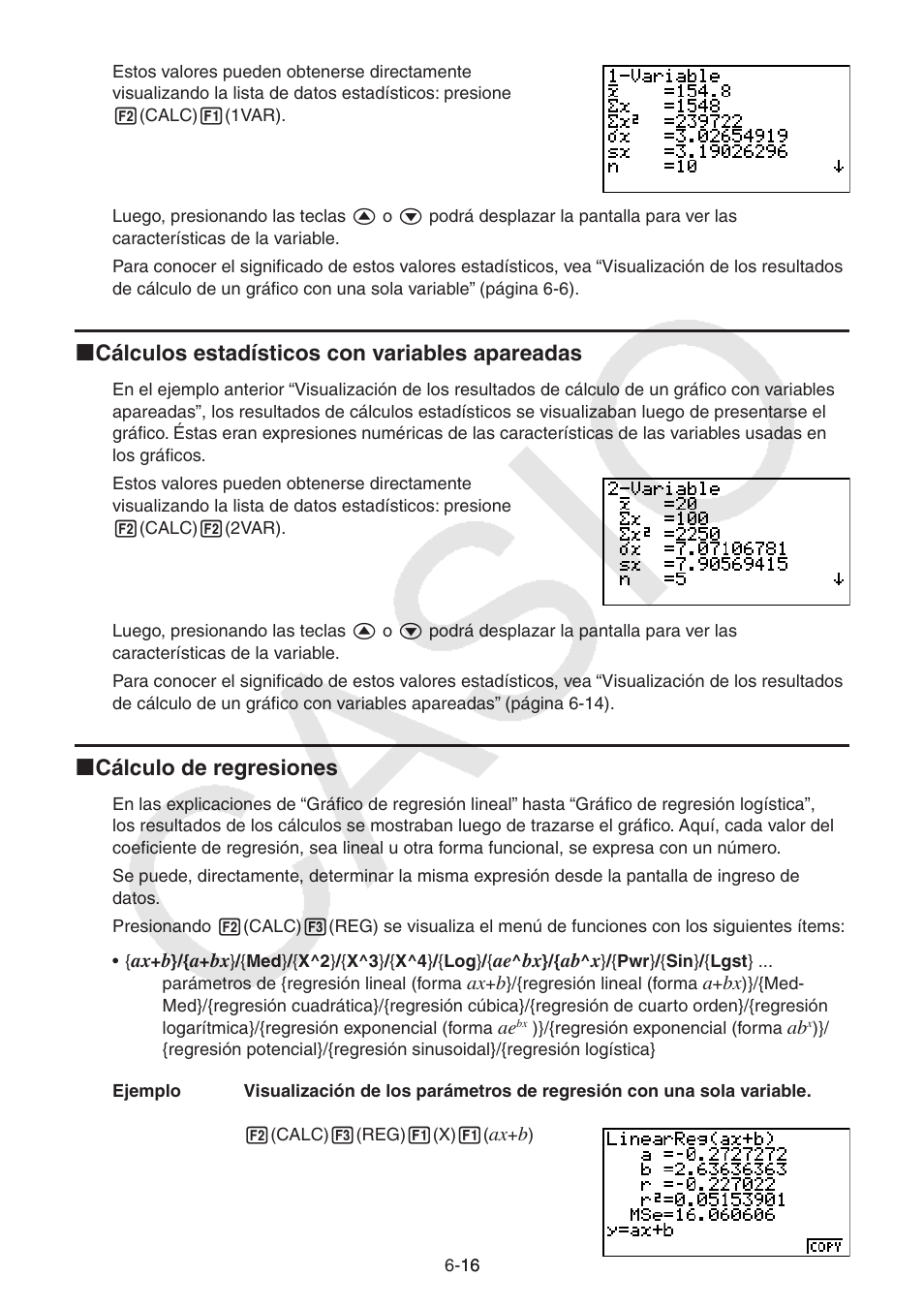 I cálculos estadísticos con variables apareadas, I cálculo de regresiones | Casio FX-9750GII User Manual | Page 159 / 411