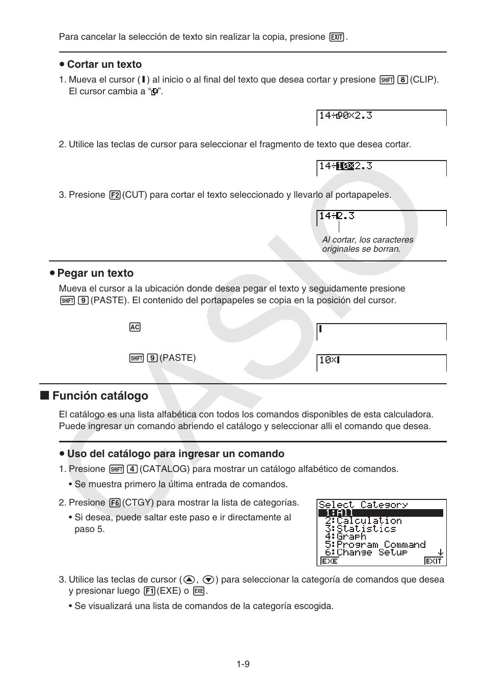 K función catálogo, U pegar un texto, U cortar un texto | U uso del catálogo para ingresar un comando | Casio FX-9750GII User Manual | Page 16 / 411