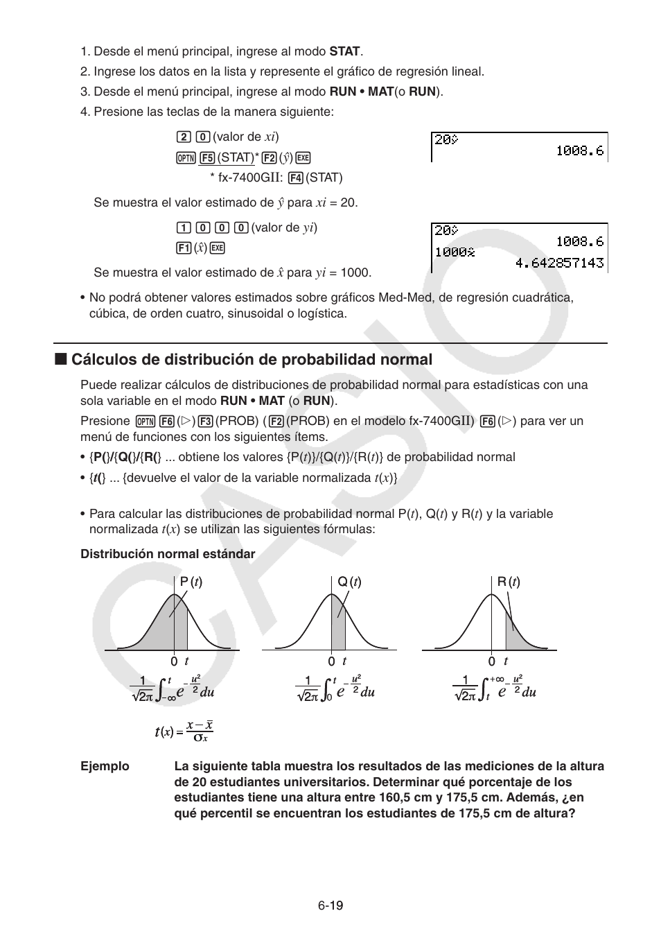 I cálculos de distribución de probabilidad normal | Casio FX-9750GII User Manual | Page 162 / 411