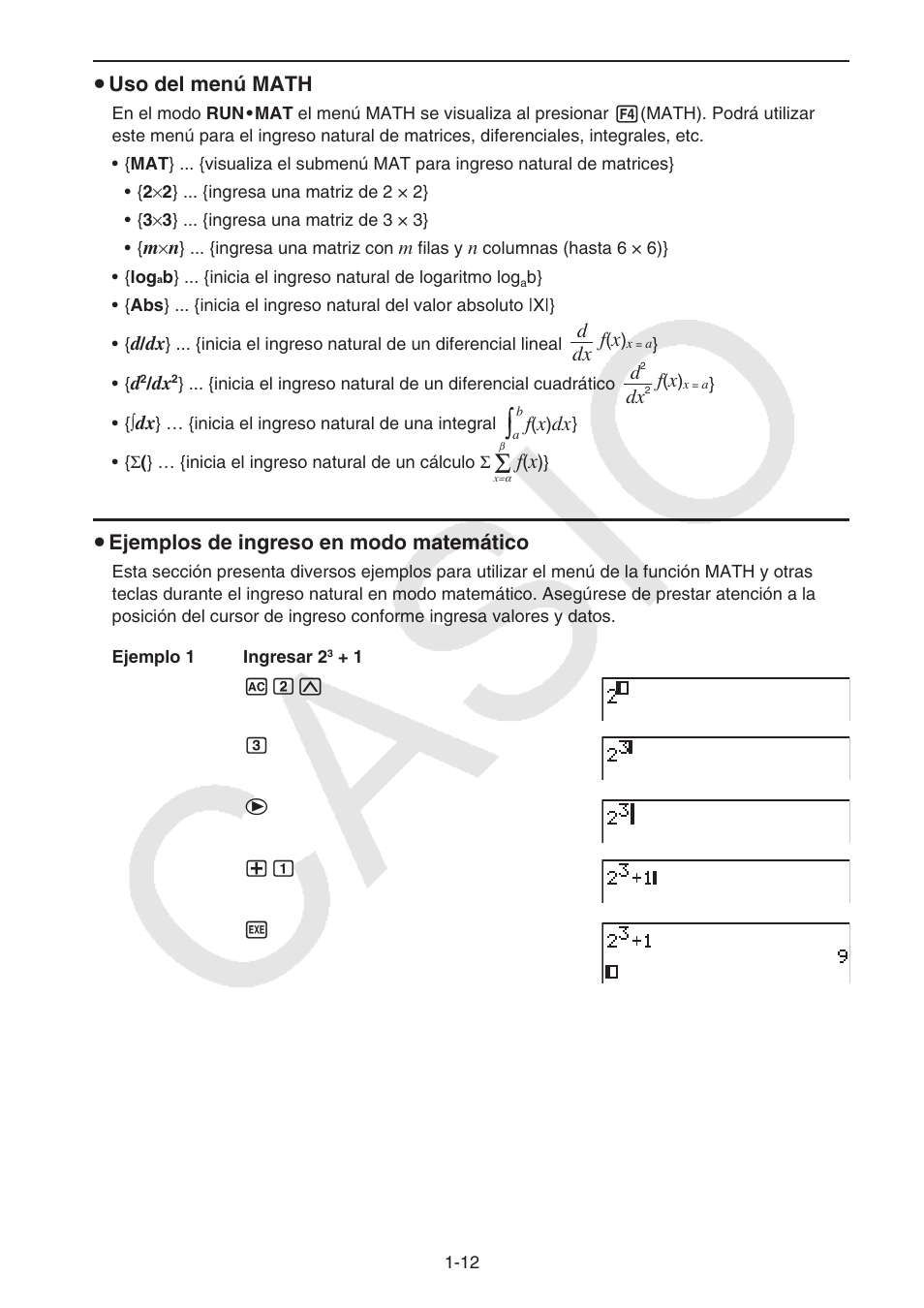 U uso del menú math, Dx d f, U ejemplos de ingreso en modo matemático | Casio FX-9750GII User Manual | Page 19 / 411