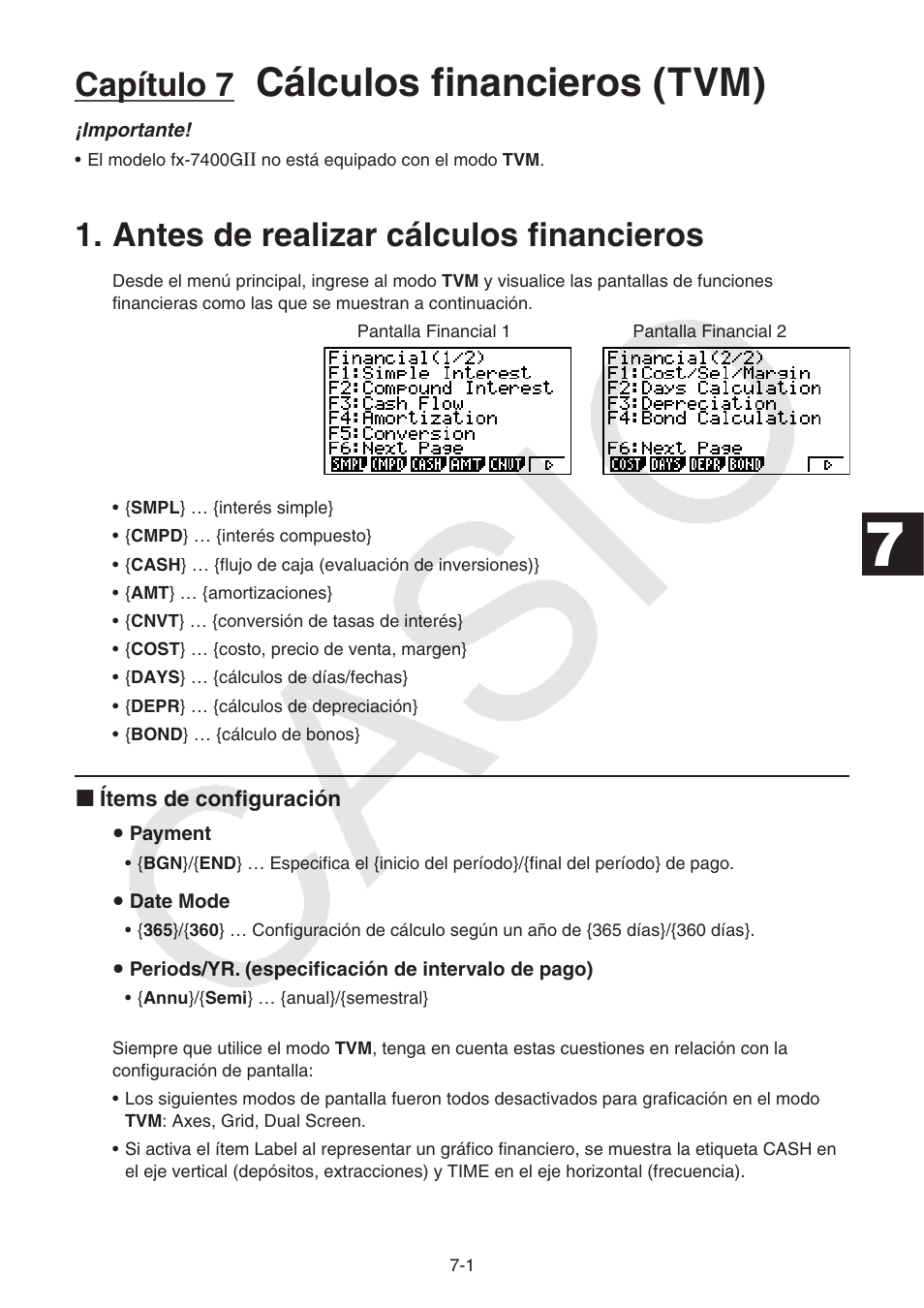 Capítulo 7 cálculos financieros (tvm), Antes de realizar cálculos financieros, Antes de realizar cálculos financieros -1 | Cálculos financieros (tvm), Capítulo 7 | Casio FX-9750GII User Manual | Page 201 / 411