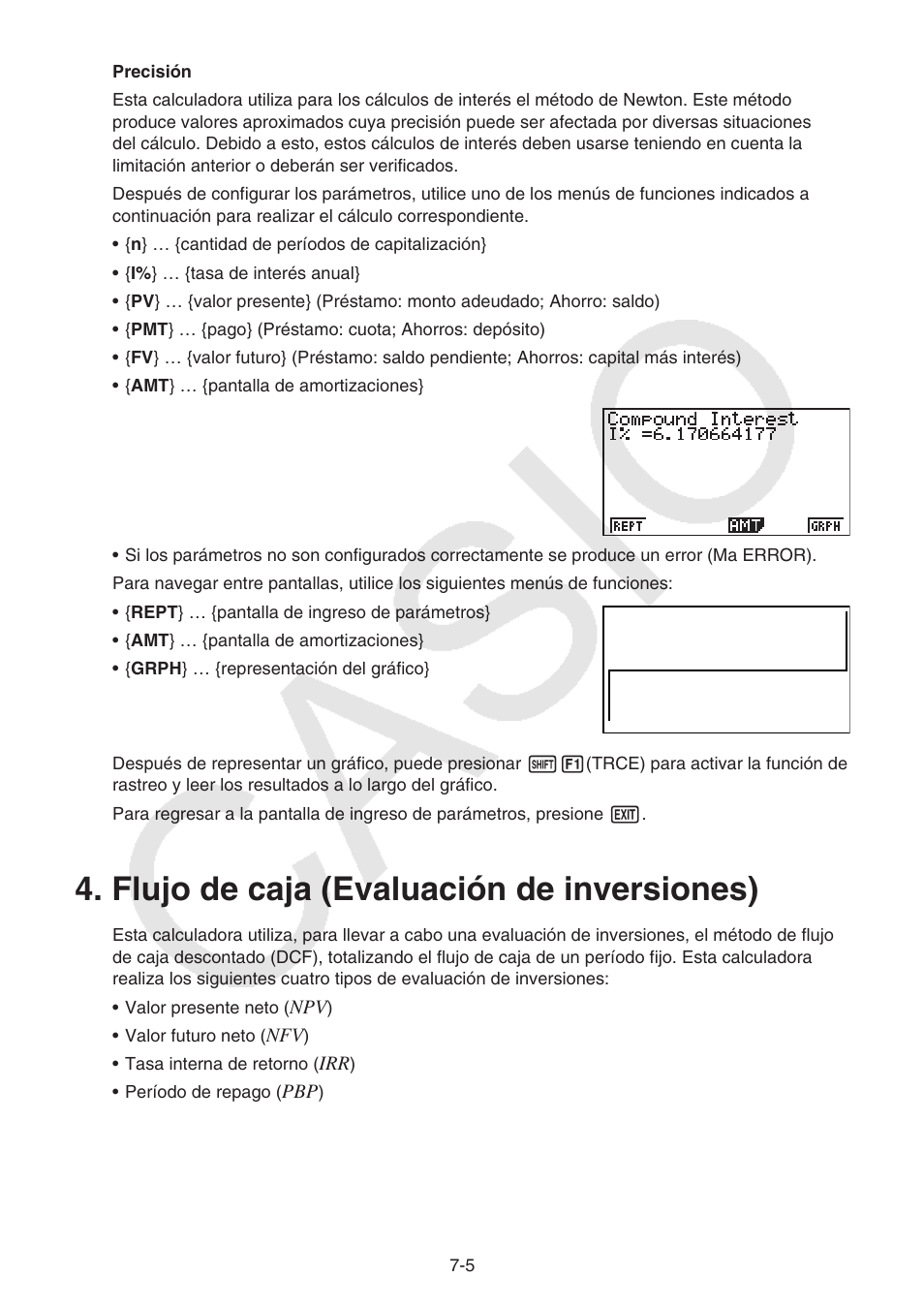 Flujo de caja (evaluación de inversiones), Flujo de caja (evaluación de inversiones) -5 | Casio FX-9750GII User Manual | Page 205 / 411