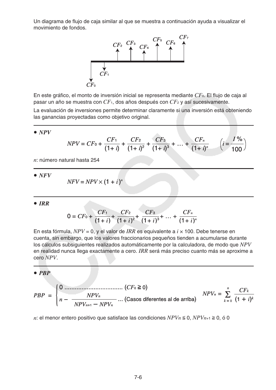 Npv = cf, 1+ i ) cf, 1+ i ) | I= 100 i % npv = cf, I= 100 i | Casio FX-9750GII User Manual | Page 206 / 411