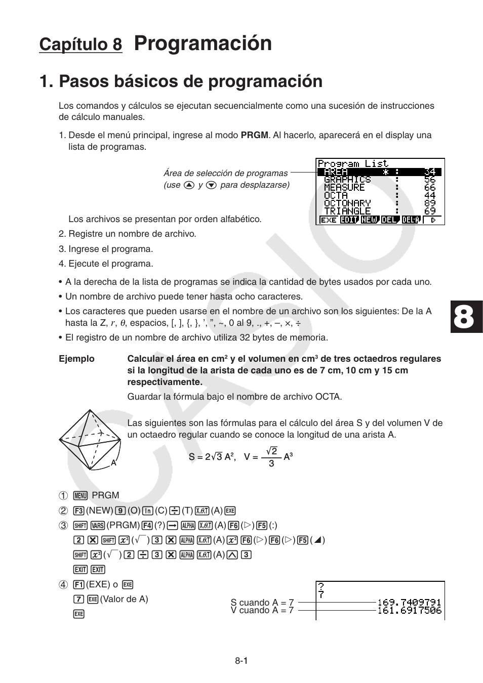 Capítulo 8 programación, Pasos básicos de programación, Pasos básicos de programación -1 | Programación, Capítulo 8 | Casio FX-9750GII User Manual | Page 219 / 411