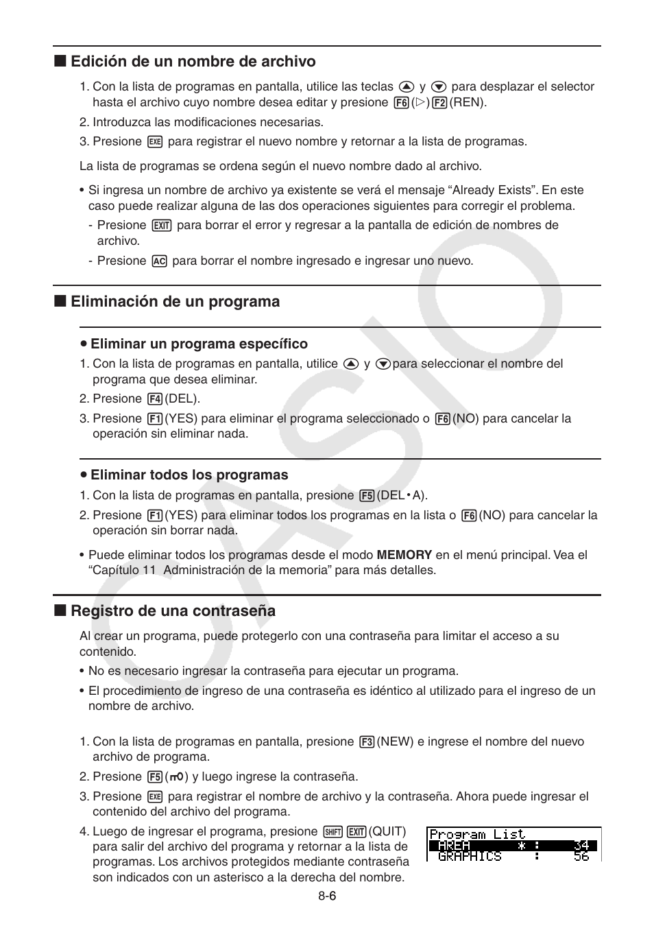 I edición de un nombre de archivo, I eliminación de un programa, I registro de una contraseña | Casio FX-9750GII User Manual | Page 224 / 411