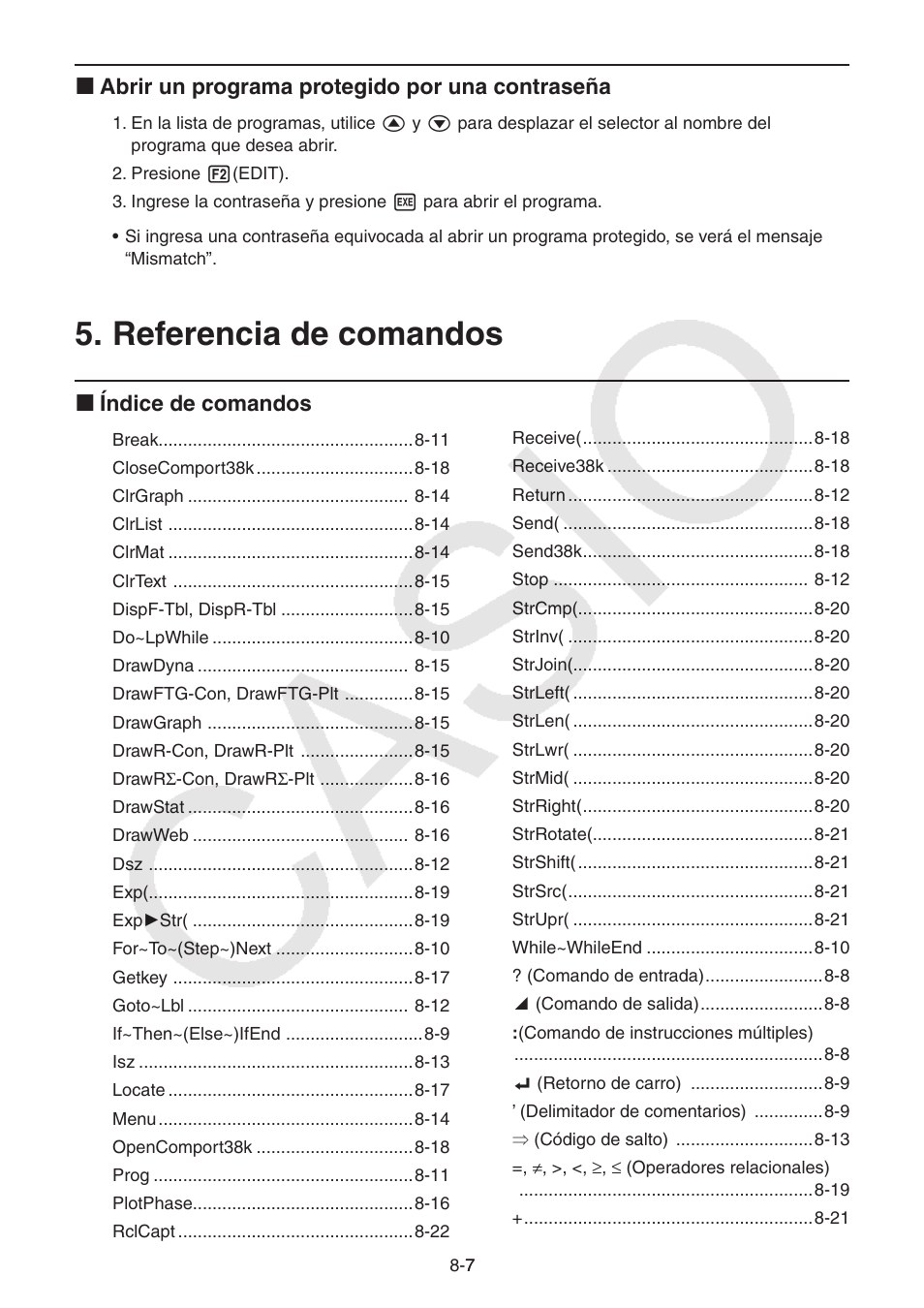 Referencia de comandos, Referencia, Comandos | I abrir un programa protegido por una contraseña, I índice de comandos | Casio FX-9750GII User Manual | Page 225 / 411