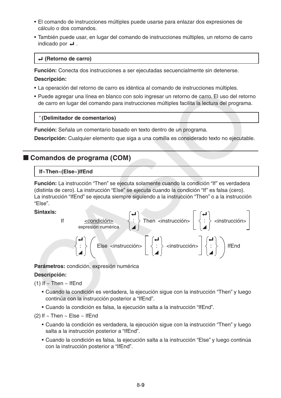 I comandos de programa (com) | Casio FX-9750GII User Manual | Page 227 / 411