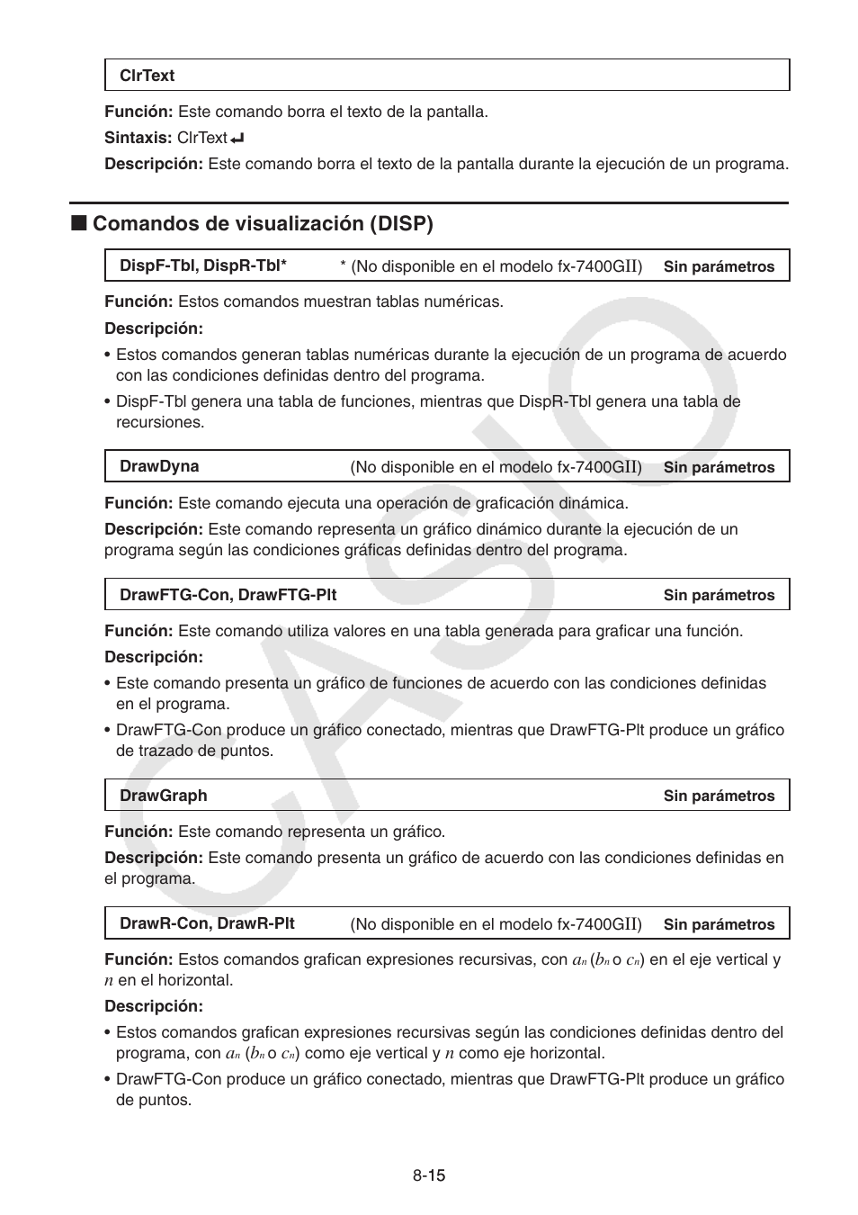 I comandos de visualización (disp) | Casio FX-9750GII User Manual | Page 233 / 411