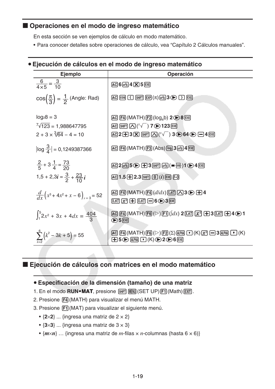 I operaciones en el modo de ingreso matemático | Casio FX-9750GII User Manual | Page 26 / 411