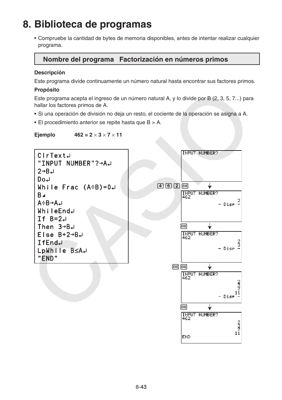 Biblioteca de programas, Biblioteca, Programas | Casio FX-9750GII User Manual | Page 261 / 411