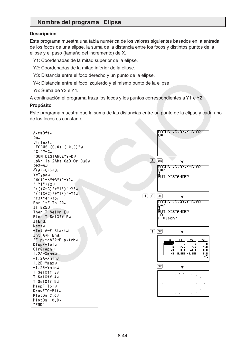 Nombre del programa elipse | Casio FX-9750GII User Manual | Page 262 / 411