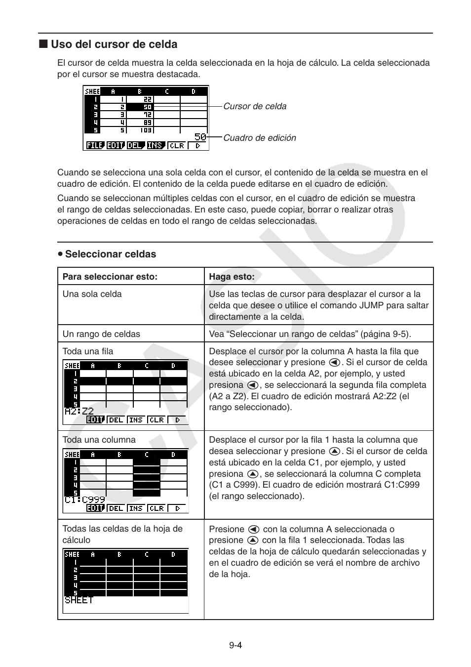 I uso del cursor de celda | Casio FX-9750GII User Manual | Page 266 / 411